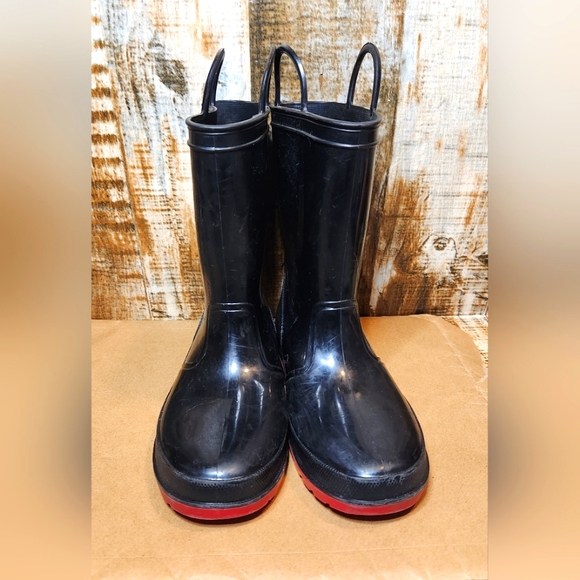 SkaDoo Kids Black W Red Rain Boots Shoes With Loop Handles Size 1 - Picture 1 of 6